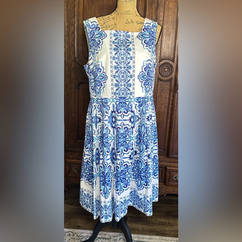 Talbots Blue and White Sleeveless A-Line Midi Dress